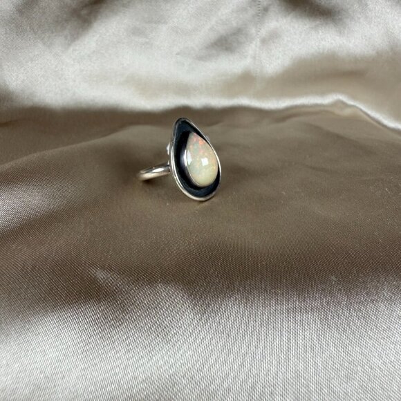 Handmade Silver Ring with White Opal Teardrop Natural Gemstone Jewelry Size 9.5 - Picture 2 of 5